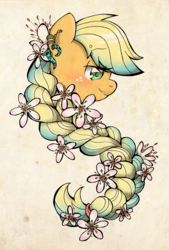 Size: 1343x1992 | Tagged: safe, artist:akikodestroyer, applejack, earth pony, pony, g4, alternate hairstyle, braid, ear piercing, earring, female, flower, portrait, solo