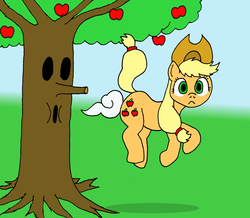 Size: 1958x1710 | Tagged: safe, artist:merkleythedrunken, applejack, earth pony, pony, g4, apple, blowing, crossover, female, food, kirby (series), mare, nintendo, raised tail, tail, whispy woods
