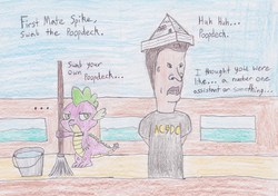Size: 2948x2077 | Tagged: safe, artist:darkknighthoof, spike, dragon, human, g4, beavis and butthead, bucket, butthead, crossover, duo, duo male, hat, human male, male, mop, paper hat, ship, teenager, traditional art