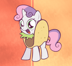 Size: 800x727 | Tagged: safe, artist:spiiikedraws, sweetie belle, original species, g4, bad pun, clothes, costume, cute, diasweetes, female, food, food costume, funny, funny as hell, ponies in food, pun, solo, taco, taco belle, taco costume, taco suit, visual pun, wat