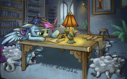 Size: 2408x1500 | Tagged: safe, artist:ruffu, oc, oc only, pegasus, pony, cloud, feather, interior, scroll, solo, writing