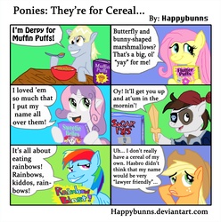 Size: 3000x3026 | Tagged: safe, artist:happybunns, applejack, derpy hooves, fluttershy, pipsqueak, rainbow dash, scootaloo, sweetie belle, pegasus, pony, g4, cereal, comic, female, humor, mare, product placement, smiling