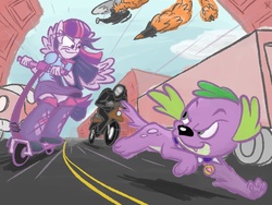 Size: 800x600 | Tagged: safe, artist:piggybank12, spike, twilight sparkle, dog, anthro, equestria girls, g4, bolt, car, disney, helicopter, missile, motorcycle, parody, scooter, spike the dog, urban