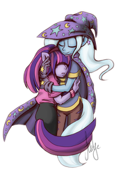 Size: 837x1203 | Tagged: safe, artist:mitsemegalotis, trixie, twilight sparkle, anthro, g4, female, hug, human facial structure, lesbian, ship:twixie, shipping