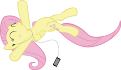 Size: 11218x6500 | Tagged: safe, artist:xxv0x5cr3amxx, fluttershy, pegasus, pony, g4, ^^, absurd resolution, earbuds, eyes closed, female, mp3 player, on back, simple background, solo, transparent background