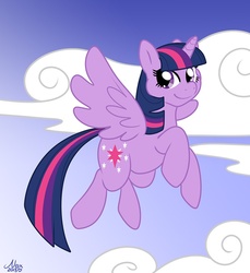 Size: 800x874 | Tagged: safe, artist:muzz, twilight sparkle, alicorn, pony, g4, female, flying, mare, smiling, twilight sparkle (alicorn)