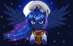 Size: 3263x2051 | Tagged: safe, artist:halotheme, princess luna, pony, g4, blushing, female, heart, looking at you, solo, spread wings