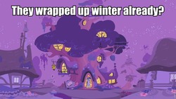 Size: 960x540 | Tagged: safe, edit, edited screencap, screencap, twilight sparkle, pony, g4, winter wrap up, boots, clothes, female, golden oaks library, image macro, night, scarf, shoes, solo