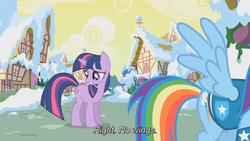 Size: 1920x1080 | Tagged: safe, edit, edited screencap, screencap, rainbow dash, twilight sparkle, g4, winter wrap up, image macro, wings