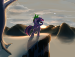 Size: 3200x2400 | Tagged: safe, artist:bluestreakfus, spike, twilight sparkle, g4, snow, winter