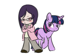 Size: 700x500 | Tagged: safe, artist:canis, twilight sparkle, human, unicorn, g4, crossover, glasses, gundam, gundam 00, pixiv, simple background, tieria erde, unicorn twilight