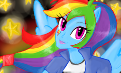 Size: 854x512 | Tagged: safe, rainbow dash, anthro, equestria girls, g4, bust, clothes, jacket, portrait, shirt, solo, vest