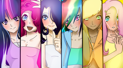 Size: 1020x568 | Tagged: safe, artist:jumbreon, applejack, fluttershy, pinkie pie, rainbow dash, rarity, twilight sparkle, human, g4, dark skin, humanized, mane six