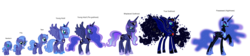 Size: 3840x864 | Tagged: safe, artist:bronybase, artist:firepony-bases, artist:puetsua, artist:starryoak, nightmare moon, princess luna, pony, g4, age difference, age progression, age regression, aging, comparison, ethereal mane, filly, galaxy mane, hoof shoes, older, s1 luna, simple background, starry mane, transparent background, ultimate luna, woona, younger