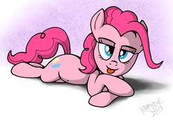 Size: 1576x1096 | Tagged: safe, artist:killryde, pinkie pie, earth pony, pony, g4, :p, bedroom eyes, belly button, female, prone, solo, sploot, tongue out