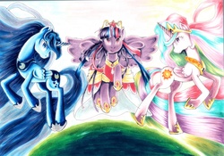 Size: 6896x4831 | Tagged: safe, artist:kimmynyan, princess celestia, princess luna, twilight sparkle, alicorn, pony, g4, absurd resolution, female, mare, traditional art, twilight sparkle (alicorn)