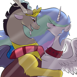 Size: 1000x1000 | Tagged: safe, artist:kittyisawolf, discord, princess celestia, g4, clothes, female, happy, hug, male, ship:dislestia, shipping, socks, straight, striped socks