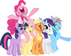 Size: 2576x2027 | Tagged: safe, artist:akili-amethyst, applejack, fluttershy, pinkie pie, rainbow dash, rarity, twilight sparkle, g4, celebrating, cheering, happy, hat, mane six, nose in the air, party, party hat, simple background, smiling, transparent background, uvula, vector, volumetric mouth