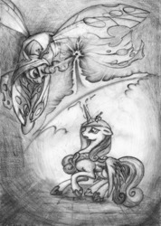 Size: 909x1280 | Tagged: safe, artist:raindh, princess cadance, queen chrysalis, alicorn, changeling, changeling queen, pony, g4, crown, female, force field, grayscale, jewelry, magic, regalia, traditional art