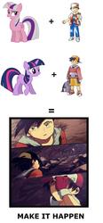 Size: 929x2000 | Tagged: safe, twilight, twilight sparkle, human, pony, unicorn, g1, g4, ethan (pokemon), exploitable meme, gold (pokemon), make it happen, pokémon, red (pokémon)