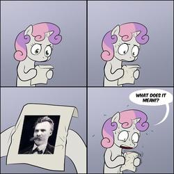 Size: 600x600 | Tagged: safe, sweetie belle, g4, exploitable meme, friedrich nietzsche, meme, sweetie's note meme