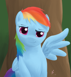 Size: 1000x1080 | Tagged: dead source, safe, artist:a6p, rainbow dash, pegasus, pony, g4, female, forest, mare, signature, smiling, solo, spread wings, tree, wings