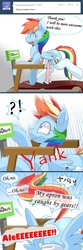 Size: 639x1920 | Tagged: safe, artist:oze, rainbow dash, pony, g4, apron, ask, blushing, clothes, comic, female, rainbow shy dash, socks, solo, treadmill, tumblr