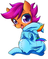 Size: 600x744 | Tagged: safe, artist:nabe, scootaloo, pony, g4, blush sticker, blushing, clothes, costume, cute, cutealoo, female, footed sleeper, hoodie, kigurumi, looking at you, looking back, onesie, open mouth, pajamas, pixiv, pony costume, rainbow dash costume, simple background, smiling, solo, white background