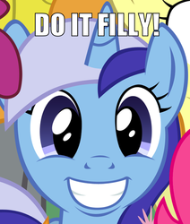 Size: 632x745 | Tagged: safe, edit, edited screencap, screencap, berry punch, berryshine, carrot top, golden harvest, minuette, pinkie pie, pony, unicorn, applebuck season, g4, do it filly, faic, image macro