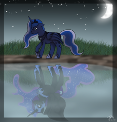 Size: 1206x1256 | Tagged: safe, artist:dralion97, nightmare moon, princess luna, g4, moon, night, reflection, stars, water