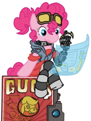 Size: 1244x1656 | Tagged: safe, artist:dontaskforcookie, cranky doodle donkey, pinkie pie, donkey, earth pony, pony, g4, amputee, borderlands, borderlands 2, crossover, gaige, goggles, mechromancer, simple background, transparent background