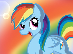 Size: 550x412 | Tagged: safe, artist:kimigryphon, rainbow dash, g4, open mouth, rainbow background, side view, solo