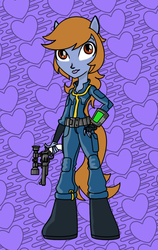 Size: 1004x1584 | Tagged: safe, artist:dontaskforcookie, oc, oc only, oc:littlepip, unicorn, fallout equestria, equestria girls, g4, abstract background, clothes, equestria girls prototype, equestria girls-ified, fanfic, fanfic art, female, gun, handgun, jumpsuit, little macintosh, mare, optical sight, pipbuck, ponied up, revolver, solo, vault suit, weapon