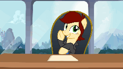 Size: 960x540 | Tagged: safe, artist:jan, oc, oc only, oc:canni soda, earth pony, pony, galacon, galacon 2013, g4, animated, bizaam, clothes, earth pony oc, formal wear, freckles, gif, happy, mascot, necktie, paper, show accurate, smiling, solo, suit, talking
