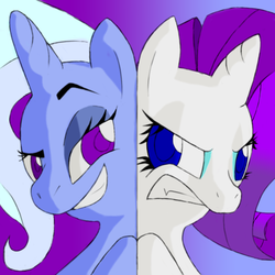 Size: 1000x1000 | Tagged: safe, artist:facelessguru, rarity, trixie, g4, angry, grin