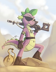 Size: 1009x1278 | Tagged: safe, artist:spotty the cheetah, edit, spike, dragon, g4, belly button, dog tags, gun, male, older, older spike, solo, stupid sexy spike, sunglasses, teenage spike, teenaged dragon, teenager, weapon