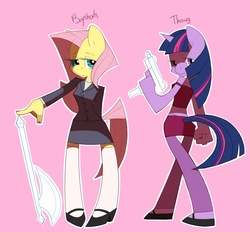 Size: 792x734 | Tagged: safe, artist:polywomple, fluttershy, twilight sparkle, anthro, g4, axe, clothes, gun, panties, panty and stocking with garterbelt, skirt, stockings, thong, underwear