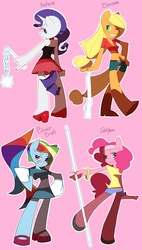 Size: 831x1458 | Tagged: safe, artist:polywomple, applejack, pinkie pie, rainbow dash, rarity, anthro, g4, bandage, bandana, bedroom eyes, bo staff, boots, boxing gloves, bracelet, clothes, flail, frown, gloves, grin, gun, midriff, miniskirt, panty and stocking with garterbelt, pantyhose, rifle, shirt, shorts, skirt, smiling, weapon, wink