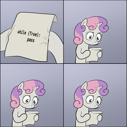 Size: 1277x1276 | Tagged: safe, sweetie belle, pony, robot, unicorn, g4, comic, exploitable meme, female, filly, foal, hooves, horn, infinite loop, meme, programming, python (language), solo, sweetie bot, sweetie's note meme, text