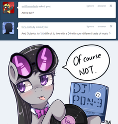 Size: 900x950 | Tagged: safe, artist:hua, octavia melody, earth pony, pony, ask trolltavia, g4, :p, ask, blushing, dialogue, record, solo, tongue out, vinyl's glasses
