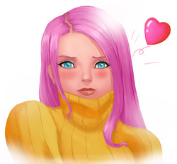 Size: 3932x3630 | Tagged: safe, artist:dclzexon, fluttershy, human, g4, clothes, female, heart, humanized, solo, sweatershy