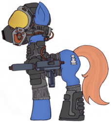 Size: 862x946 | Tagged: safe, artist:dontaskforcookie, oc, oc only, fallout equestria, armor, gas mask, gun, suppressor, weapon