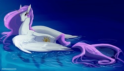 Size: 3000x1714 | Tagged: safe, artist:aspendragon, princess celestia, pony, g4, beautiful, eyelashes, female, looking at you, looking back, partially open wings, partially submerged, smiling, solo, swanlestia, swimming, water, wings