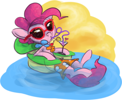 Size: 905x742 | Tagged: safe, artist:ponygoggles, pinkie pie, earth pony, pony, g4, clothes, crazy straw, drink, female, floaty, shorts, solo, straw, sunglasses, swimming pool, water