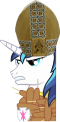 Size: 295x593 | Tagged: safe, shining armor, pony, unicorn, friendship is witchcraft, g4, corndog, derp, francis sparkle, male, outfit made of corndogs, pope, pun, simple background, stallion, transparent background, visual pun, wat