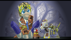 Size: 1280x720 | Tagged: safe, artist:saturnspace, doctor whooves, time turner, earth pony, pony, clockwise whooves, g4, clothes, dalek, doctor who, goggles, k-9, male, socks, stallion, steampunk, the doctor