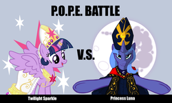 Size: 1600x960 | Tagged: safe, princess luna, twilight sparkle, alicorn, pony, g4, clothes, dress, hat, horn, horn ring, mare in the moon, moon, pope, popess, twilight sparkle (alicorn)