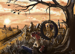 Size: 1600x1153 | Tagged: safe, artist:agm, apple bloom, scootaloo, earth pony, pegasus, pony, g4, barn, duo, female, filly, scenery, scooter, sitting, sun, sunset, sweet apple acres, swing, tire swing, tree