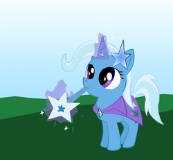 Size: 800x739 | Tagged: safe, artist:proteusiii, trixie, pony, unicorn, g4, cute, diatrixes, female, filly, filly trixie, hair ornament, magic, mare, mouth hold, smiling, solo, stars, wand, younger