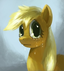 Size: 979x1080 | Tagged: safe, artist:paladin, applejack, pony, g4, crying, female, looking at you, portrait, solo
